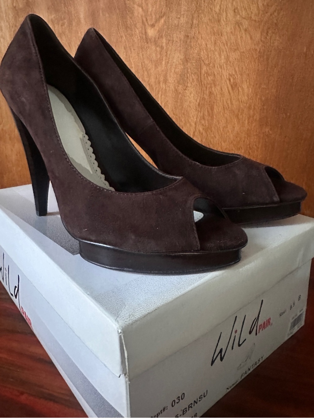 Wild Pair Brown Suede Peep-Toe Platform Heels